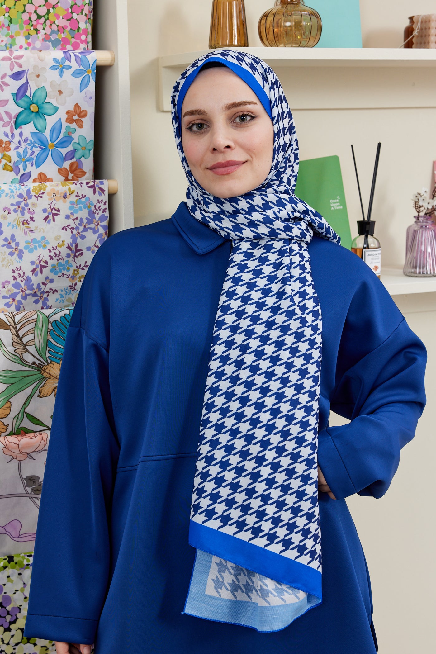 Tesettür Giyim - Pro Line Kazayağı Desen Şal - Saks - Mavi - Emproyal