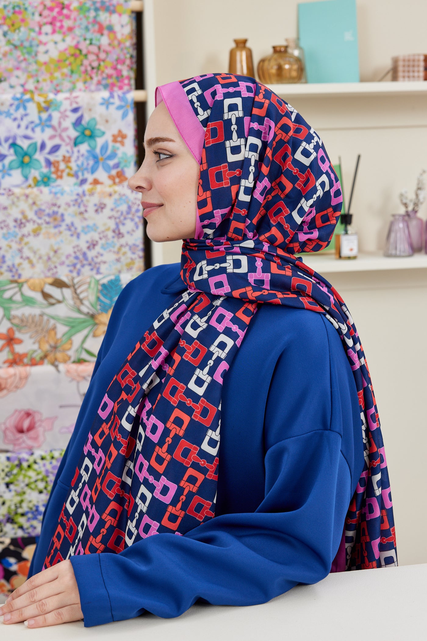 Tesettür Giyim - Pro Line Zincir Desen Şal - Lacivert - Pembe - Emproyal
