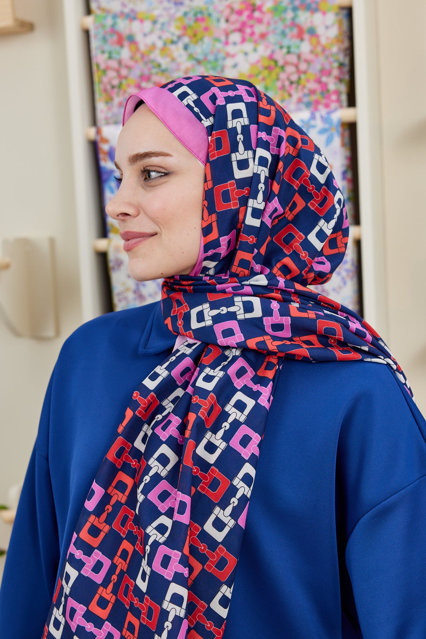 Tesettür Giyim - Pro Line Zincir Desen Şal - Lacivert - Pembe - Emproyal