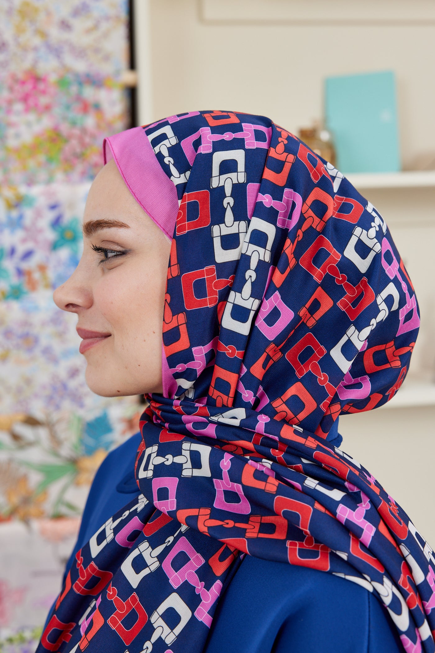 Tesettür Giyim - Pro Line Zincir Desen Şal - Lacivert - Pembe - Emproyal