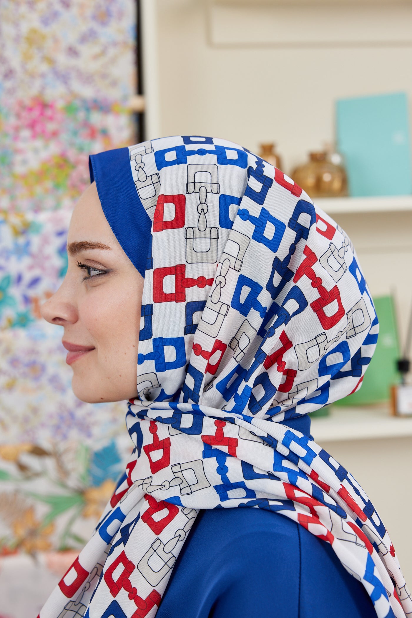 Tesettür Giyim - Pro Line Zincir Desen Şal - Beyaz - Saks - Emproyal