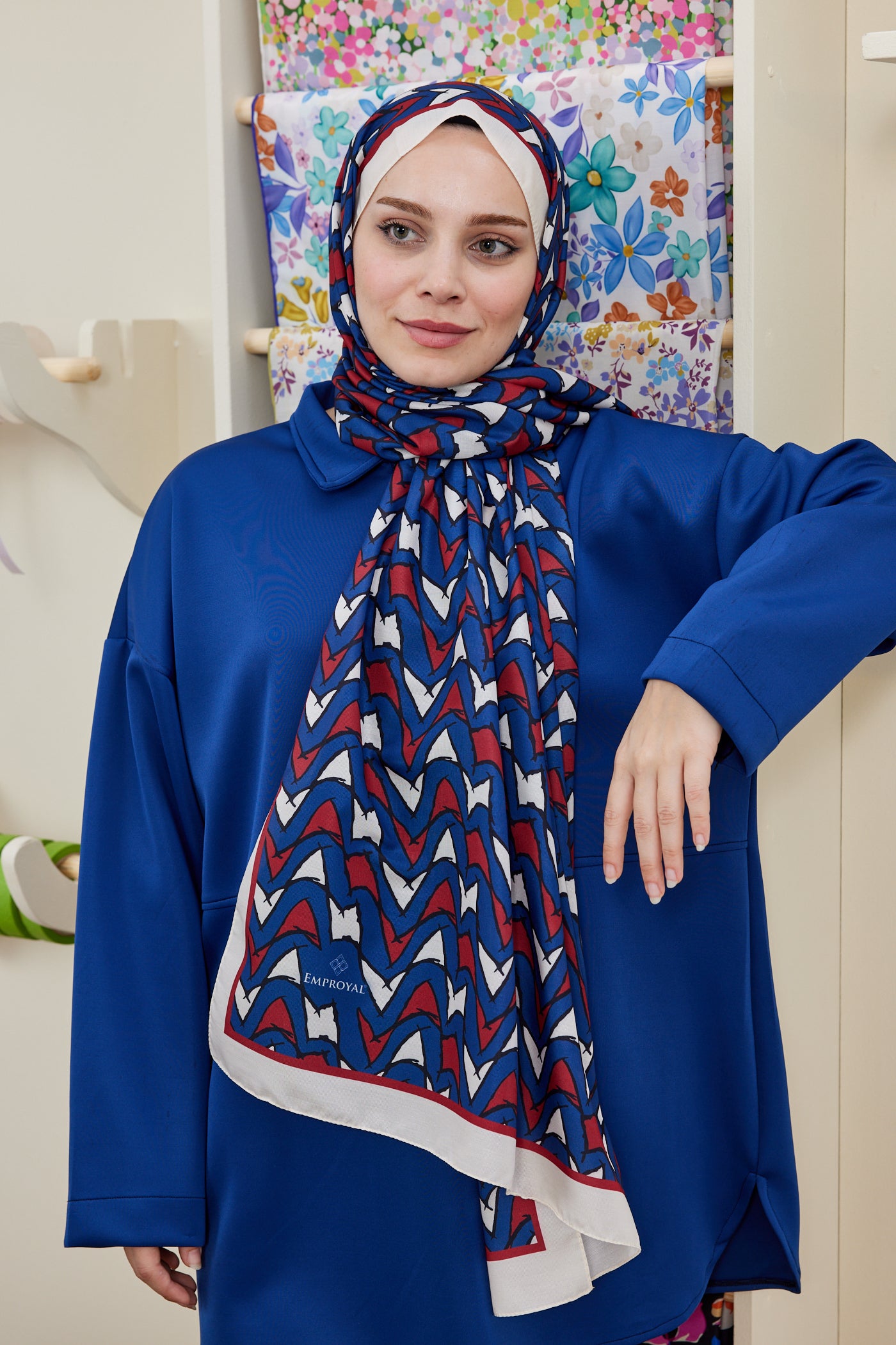 Tesettür Giyim - Pro Line Vera Desen Şal - Bordo - Lacivert - Emproyal