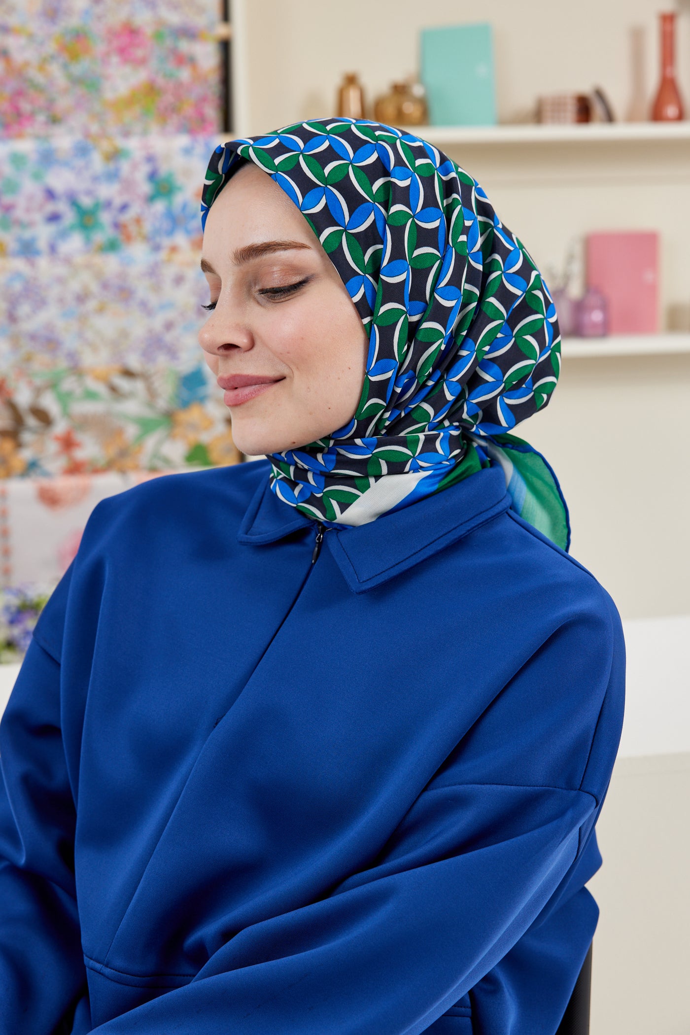 Tesettür Giyim - Pro Line Misha Desen Eşarp - Benetton Yeşili - Emproyal