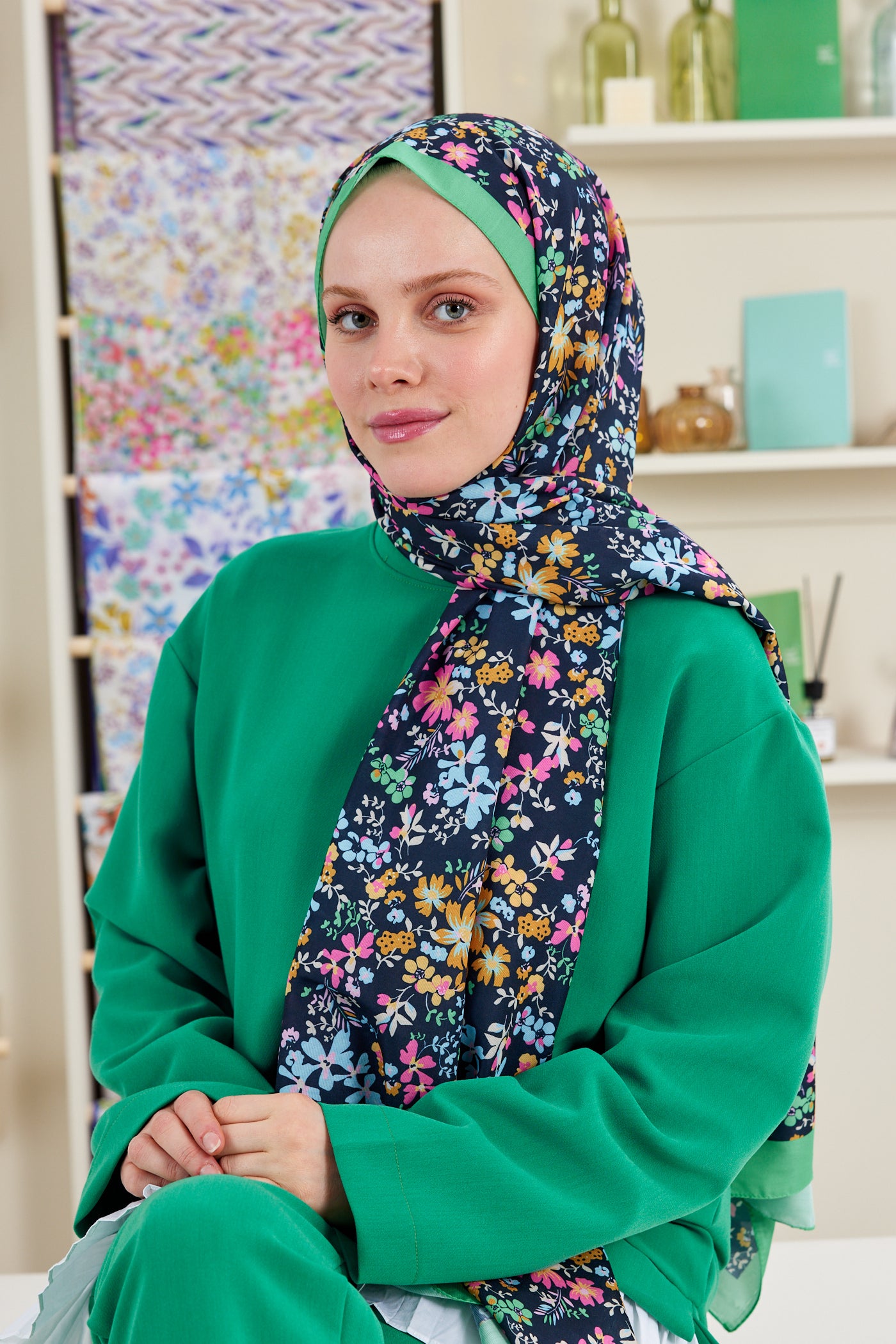 Tesettür Giyim - Pro Line Rosaline Desen Şal - Yeşil - Pembe - Emproyal