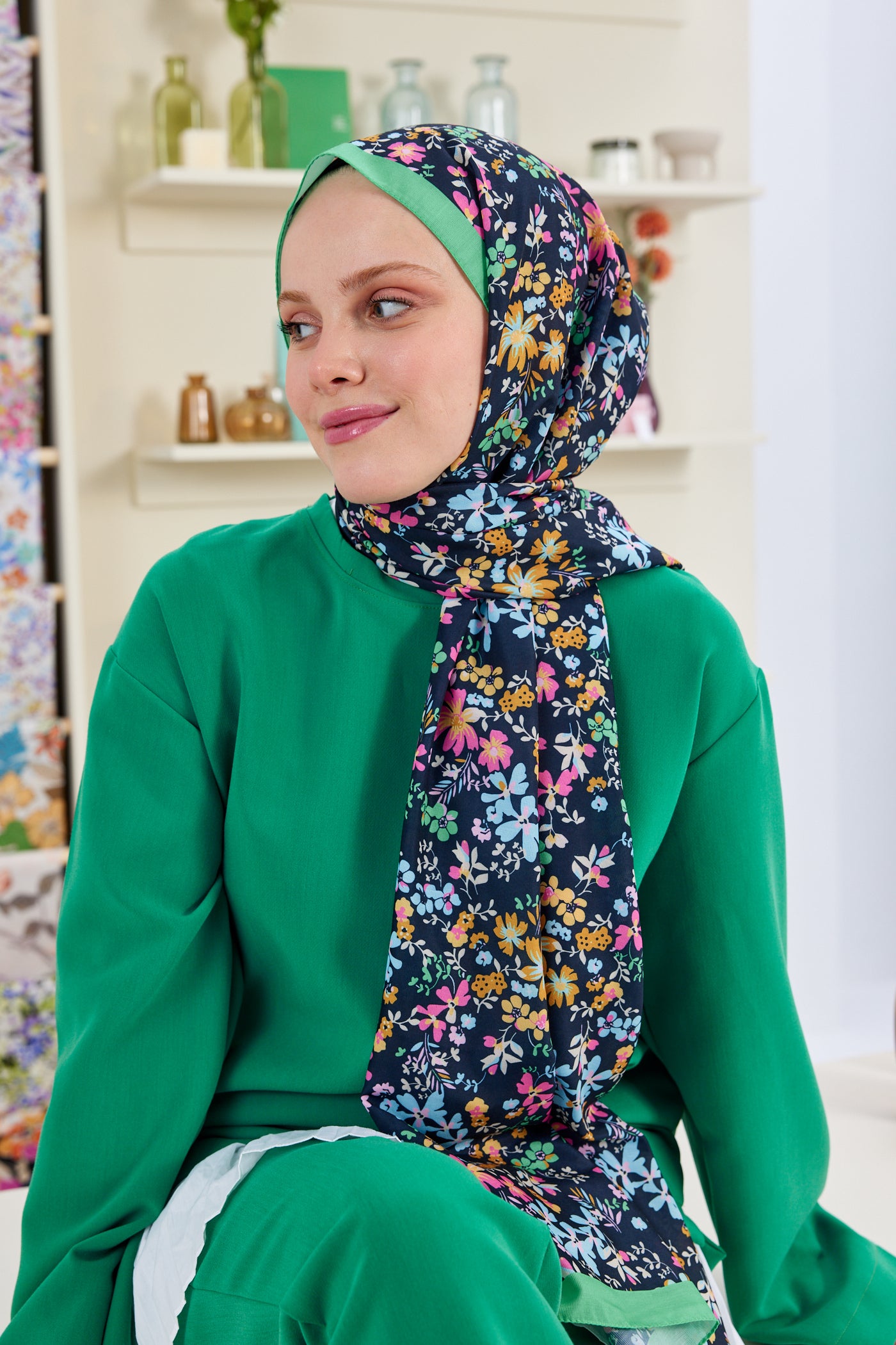 Tesettür Giyim - Pro Line Rosaline Desen Şal - Yeşil - Pembe - Emproyal