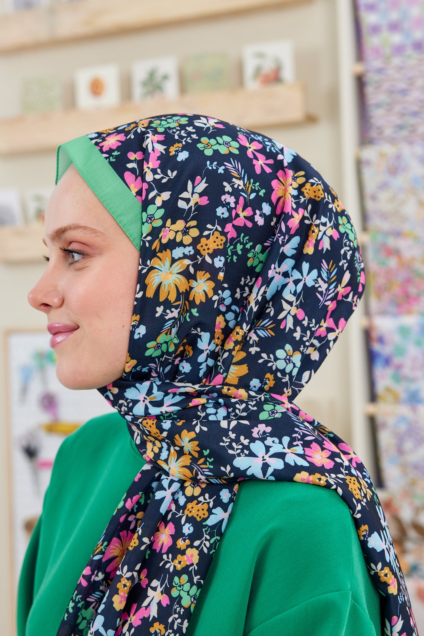 Tesettür Giyim - Pro Line Rosaline Desen Şal - Yeşil - Pembe - Emproyal