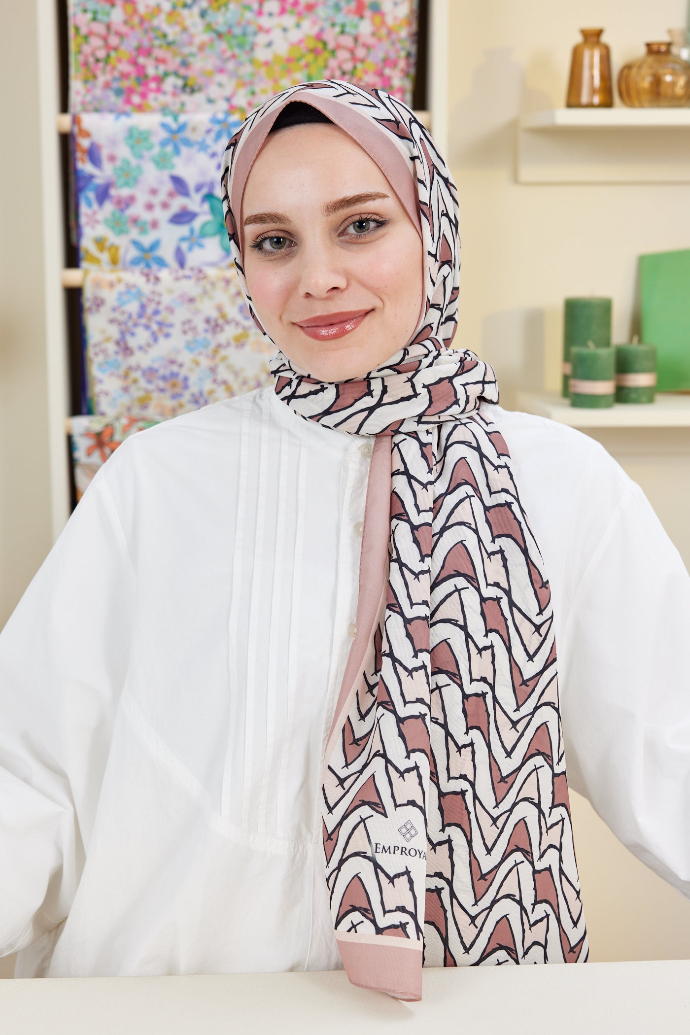 Tesettür Giyim - Pro Line Vera Desen Şal - Somon - Siyah - Emproyal