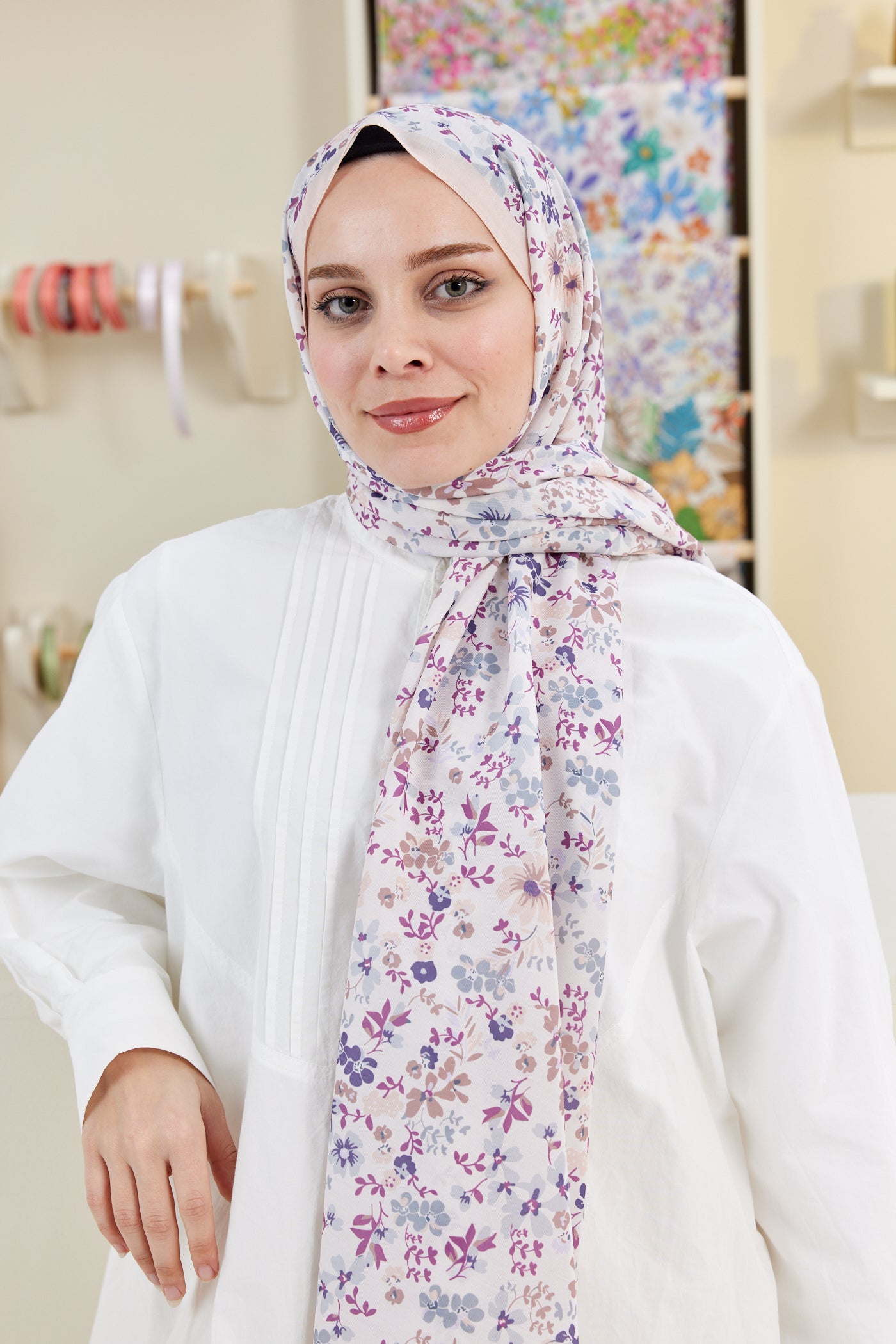 Tesettür Giyim - Pro Line Rosaline Desen Şal - Vizon - Mor - Emproyal