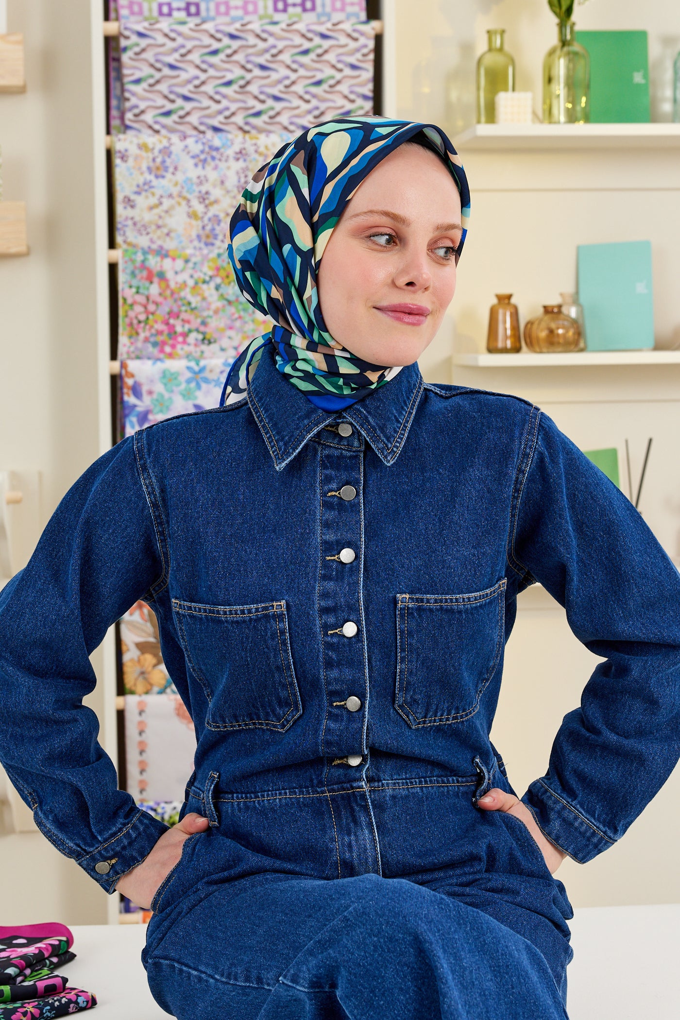 Tesettür Giyim - Pro Line Chloe Desen Eşarp - Yeşil - Mavi - Emproyal