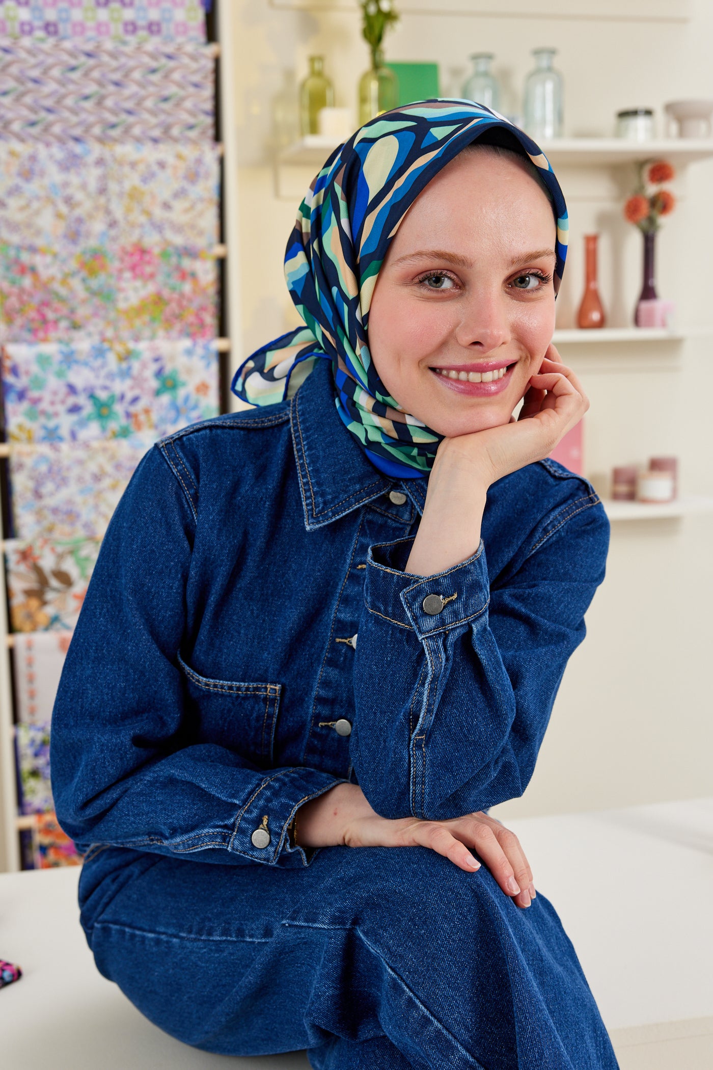 Tesettür Giyim - Pro Line Chloe Desen Eşarp - Yeşil - Mavi - Emproyal