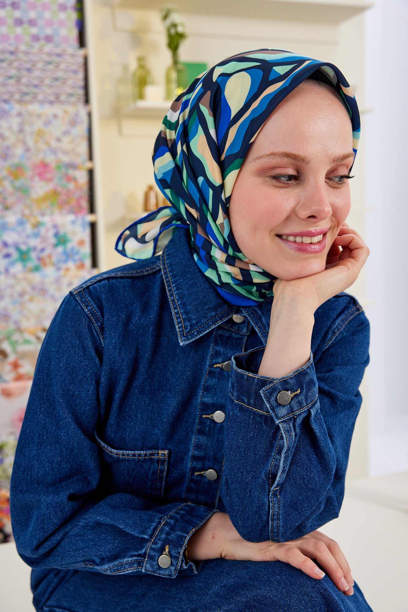 Tesettür Giyim - Pro Line Chloe Desen Eşarp - Yeşil - Mavi - Emproyal