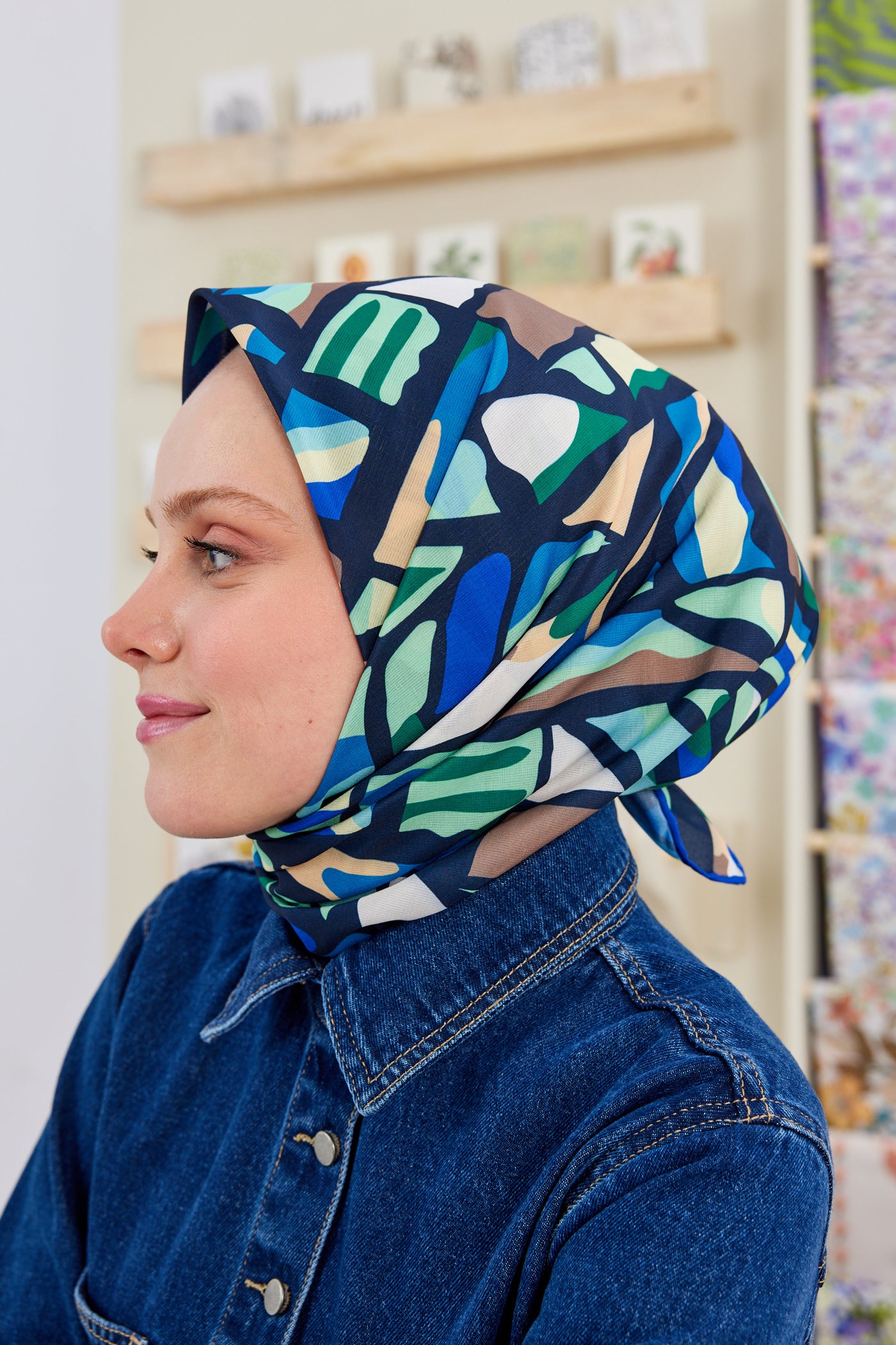 Tesettür Giyim - Pro Line Chloe Desen Eşarp - Yeşil - Mavi - Emproyal