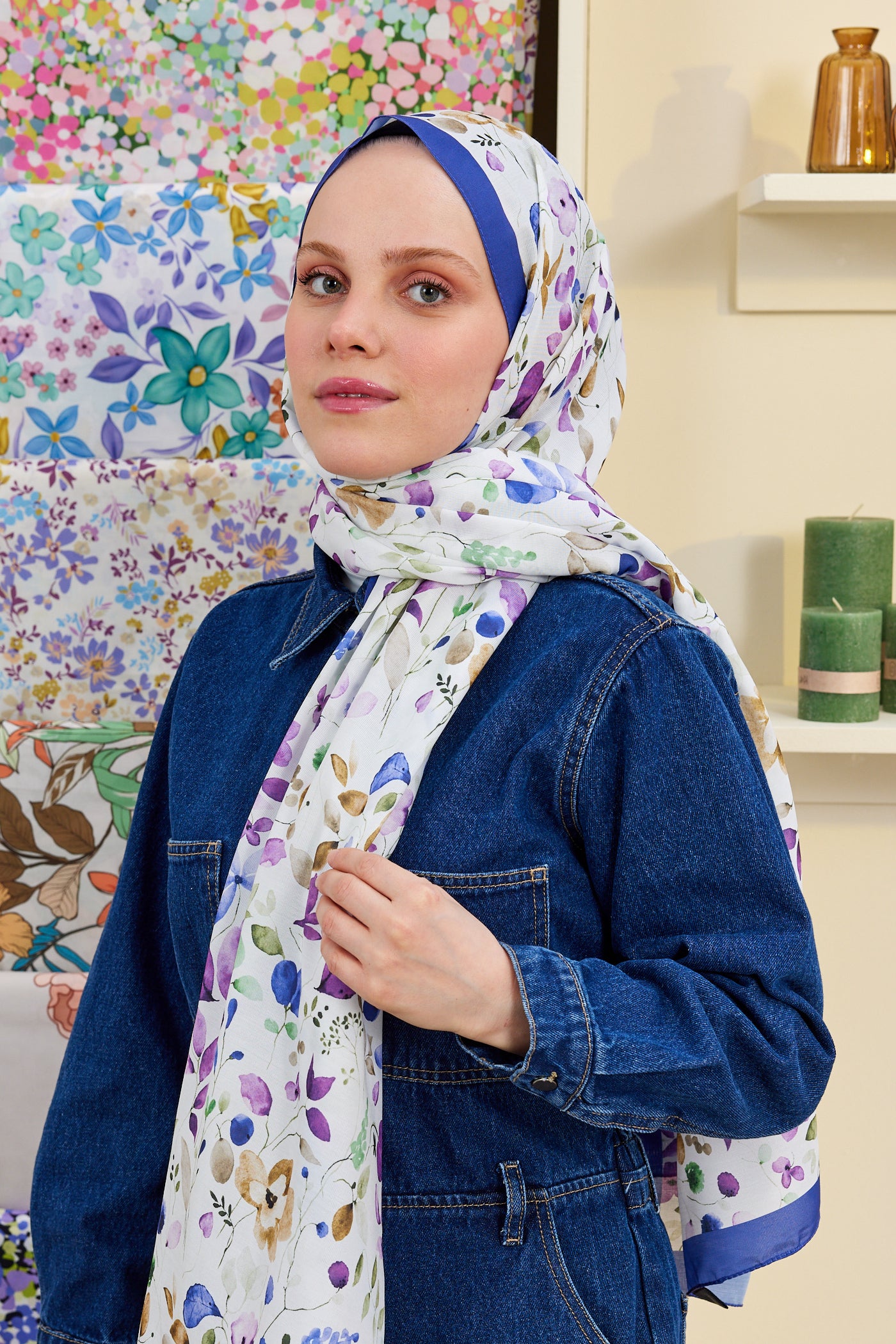 Tesettür Giyim - Pro Line Mimosa Desen Şal - Beyaz - Lila - Emproyal