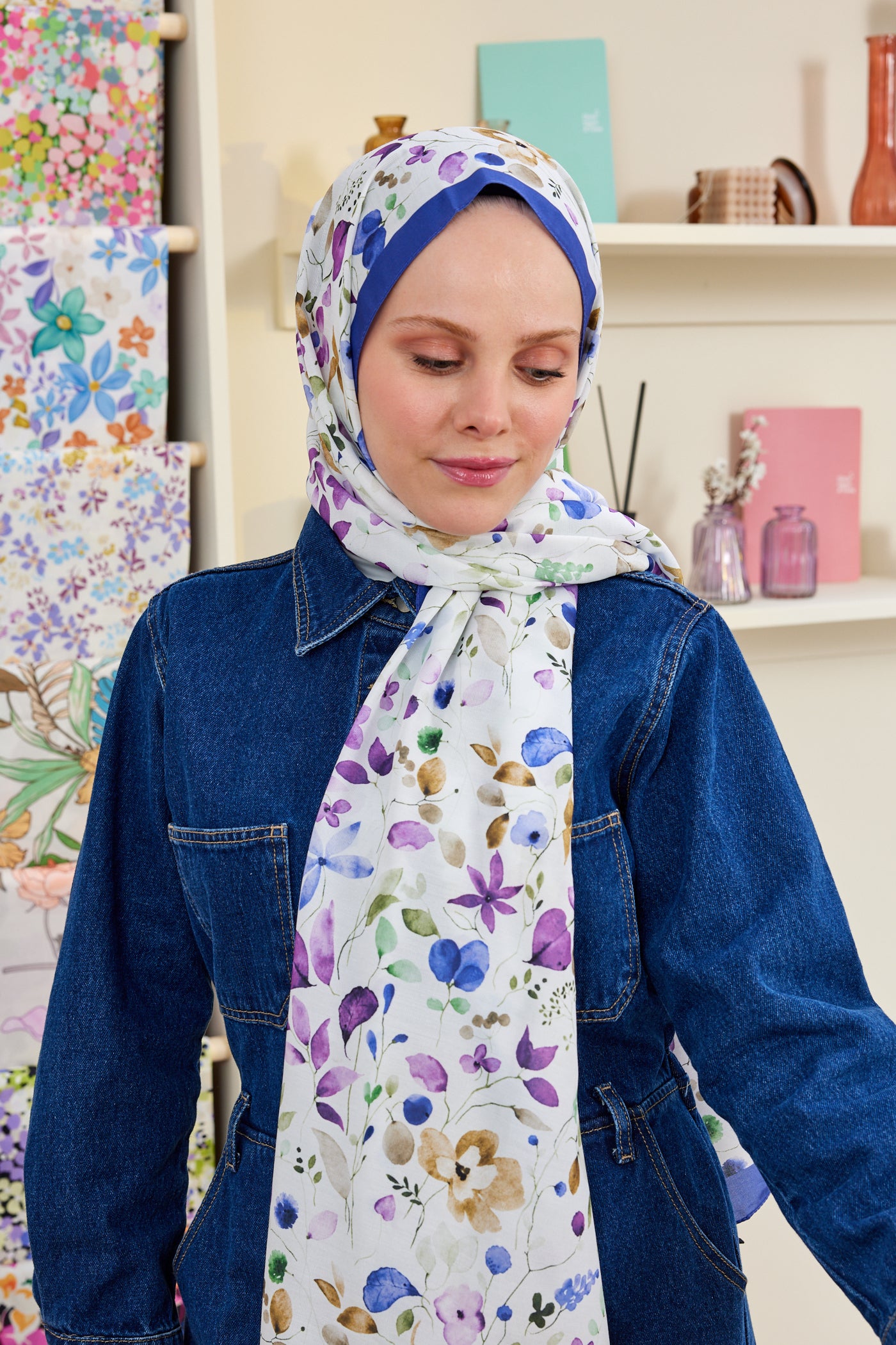 Tesettür Giyim - Pro Line Mimosa Desen Şal - Beyaz - Lila - Emproyal