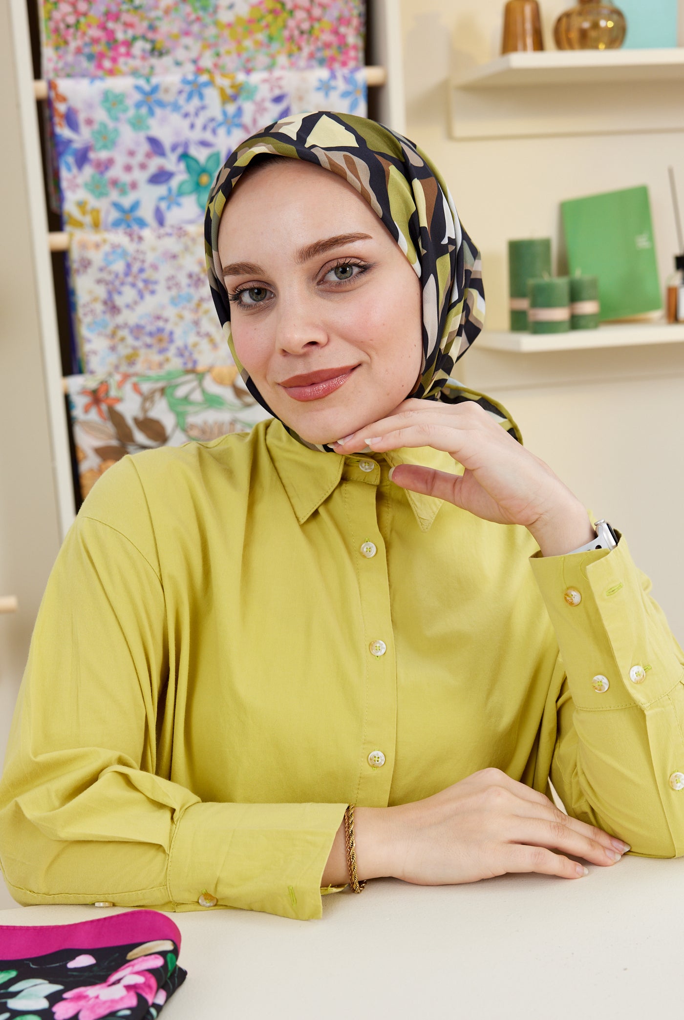 Tesettür Giyim - Pro Line Chloe Desen Eşarp - Yağ Yeşil - Kahverengi - Emproyal