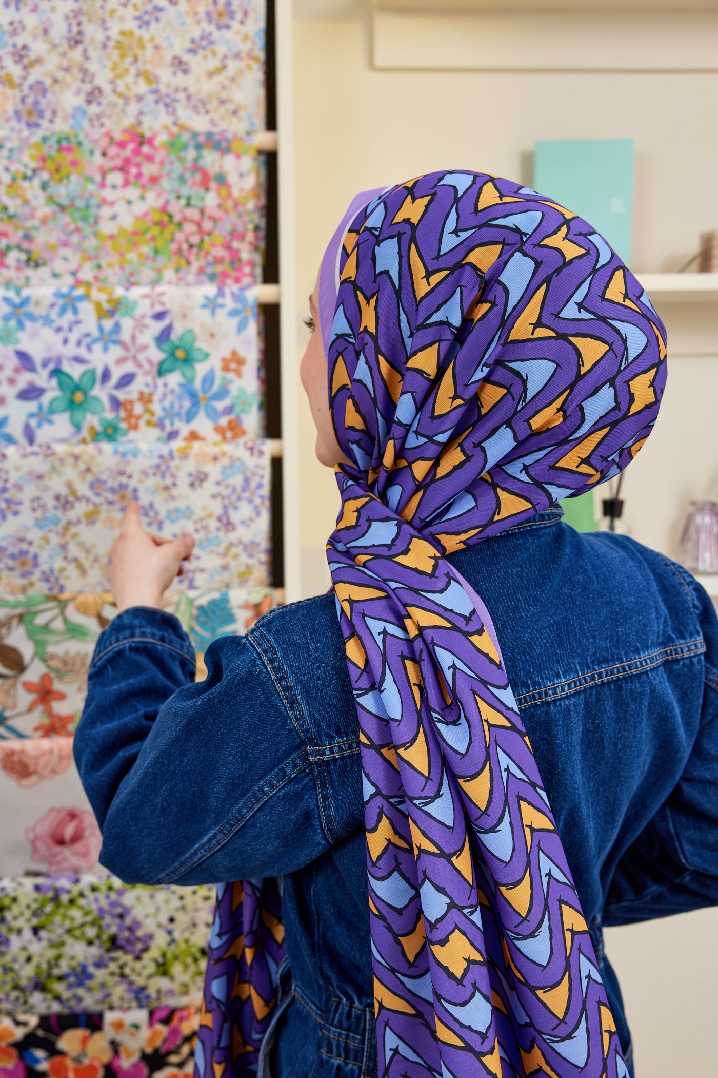 Tesettür Giyim - Pro Line Vera Desen Şal - Hardal - Mavi - Emproyal