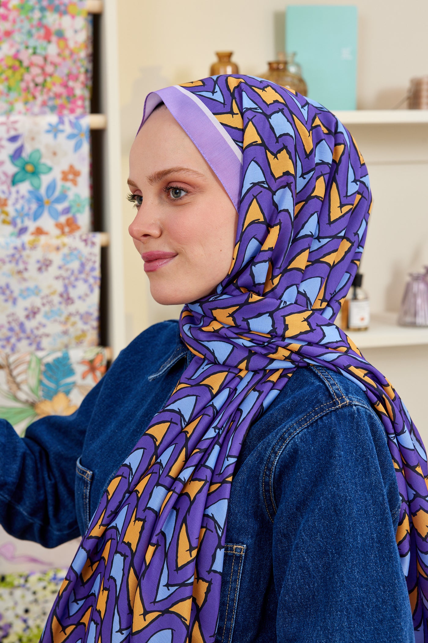 Tesettür Giyim - Pro Line Vera Desen Şal - Hardal - Mavi - Emproyal
