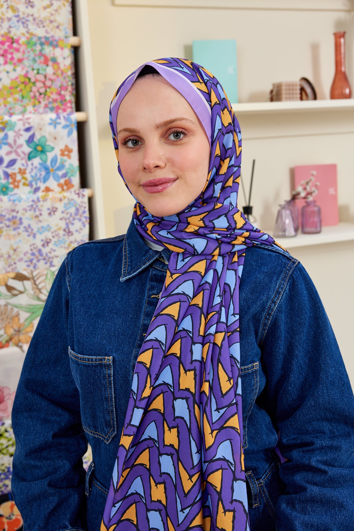 Tesettür Giyim - Pro Line Vera Desen Şal - Hardal - Mavi - Emproyal