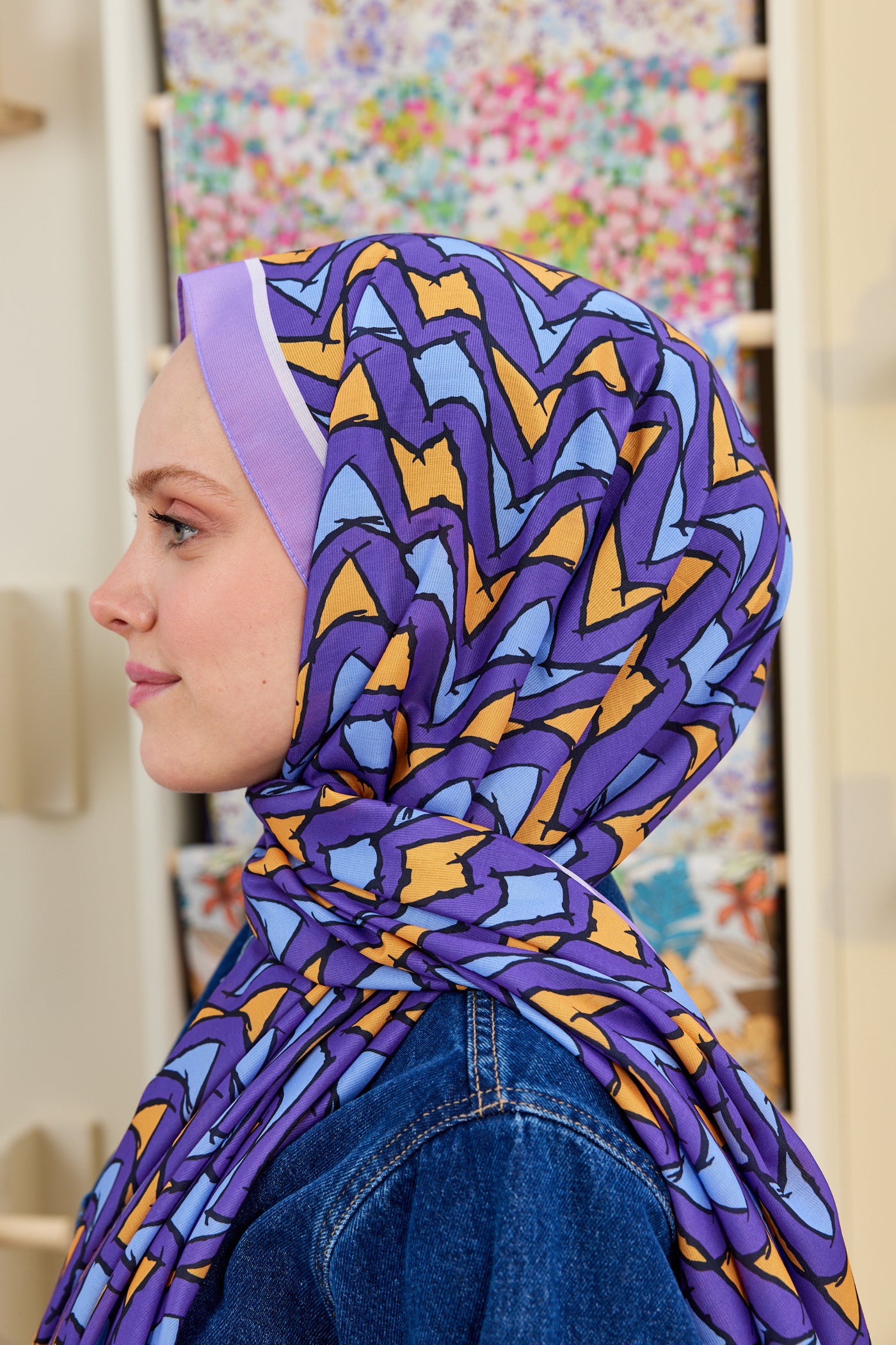 Tesettür Giyim - Pro Line Vera Desen Şal - Hardal - Mavi - Emproyal