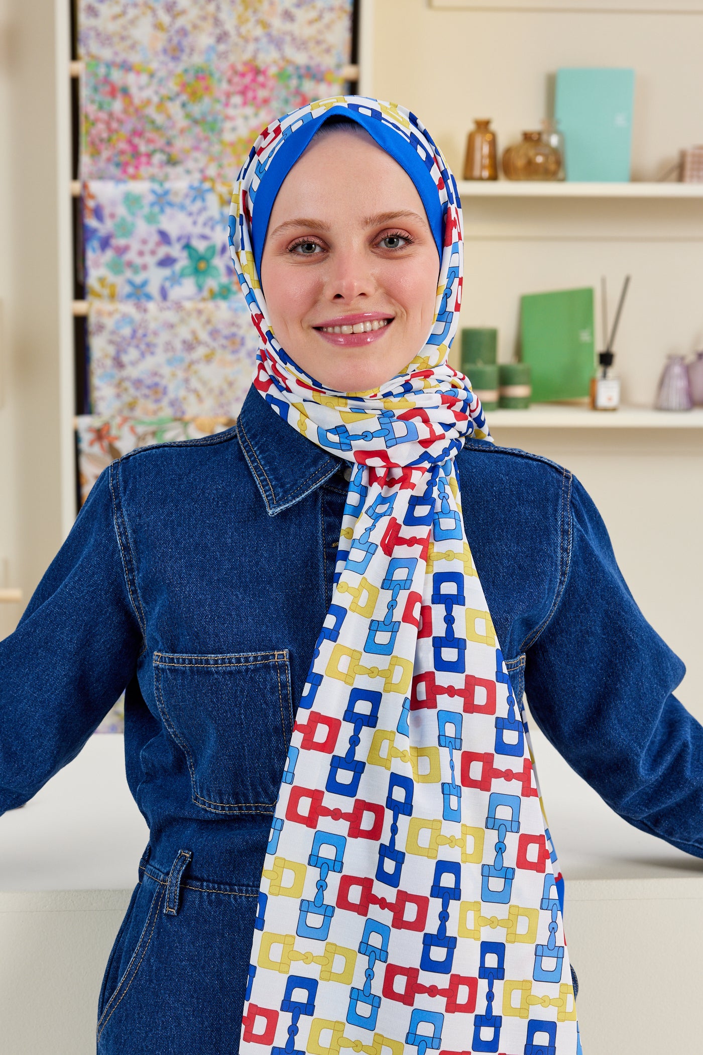 Tesettür Giyim - Pro Line Zincir Desen Şal - Saks - Kırmızı - Emproyal