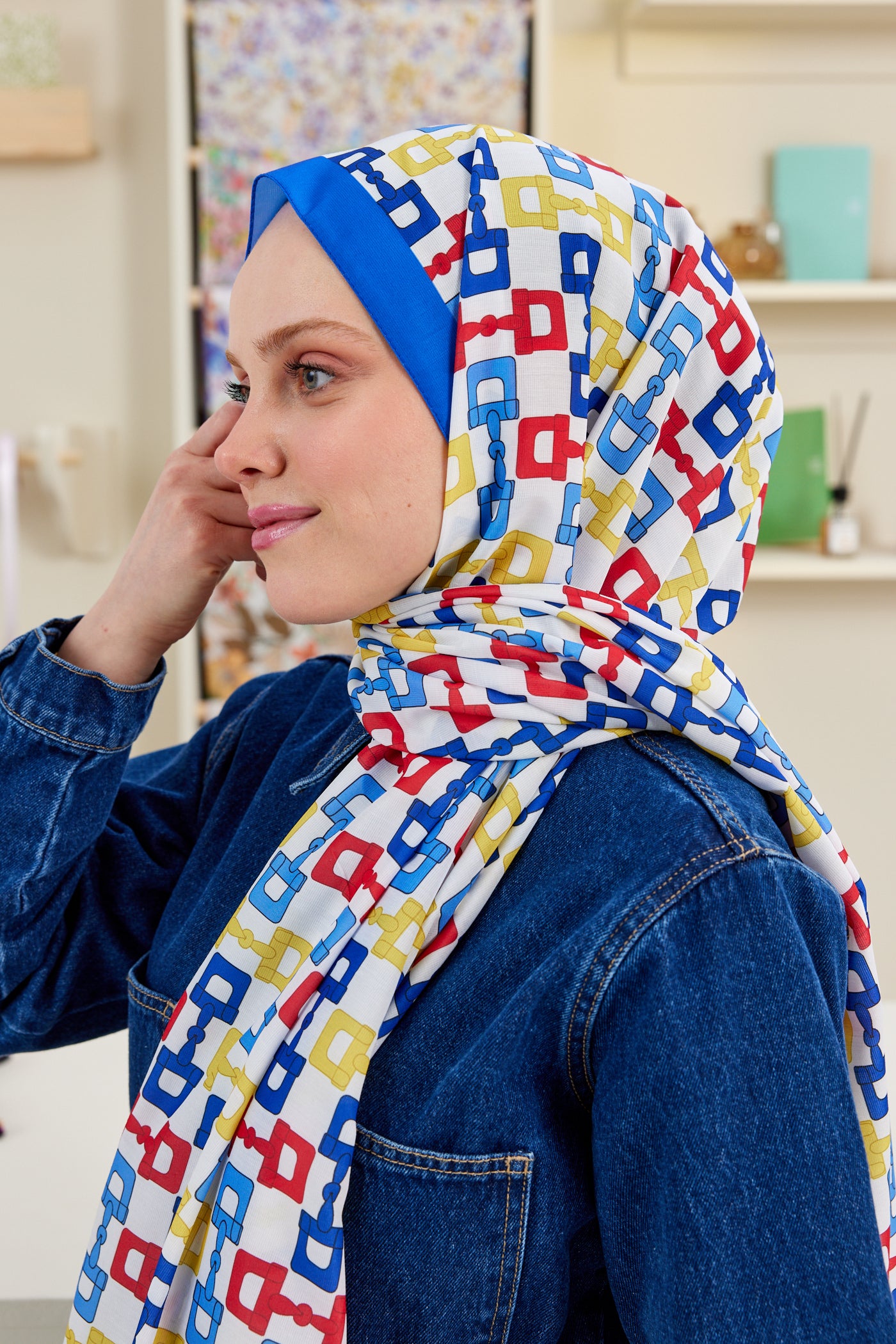 Tesettür Giyim - Pro Line Zincir Desen Şal - Saks - Kırmızı - Emproyal