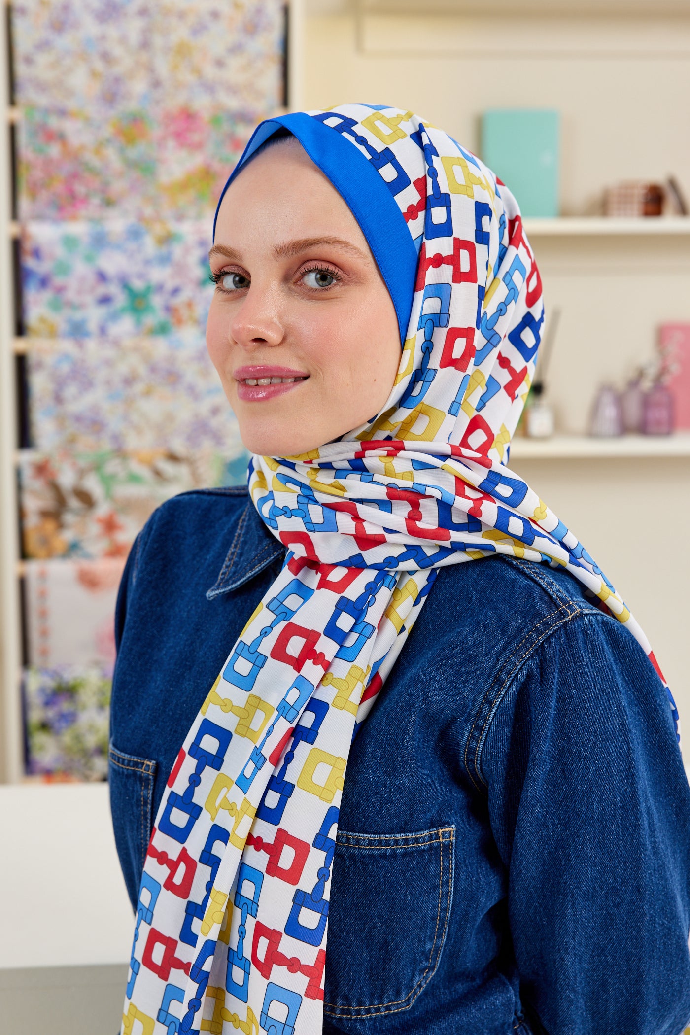 Tesettür Giyim - Pro Line Zincir Desen Şal - Saks - Kırmızı - Emproyal