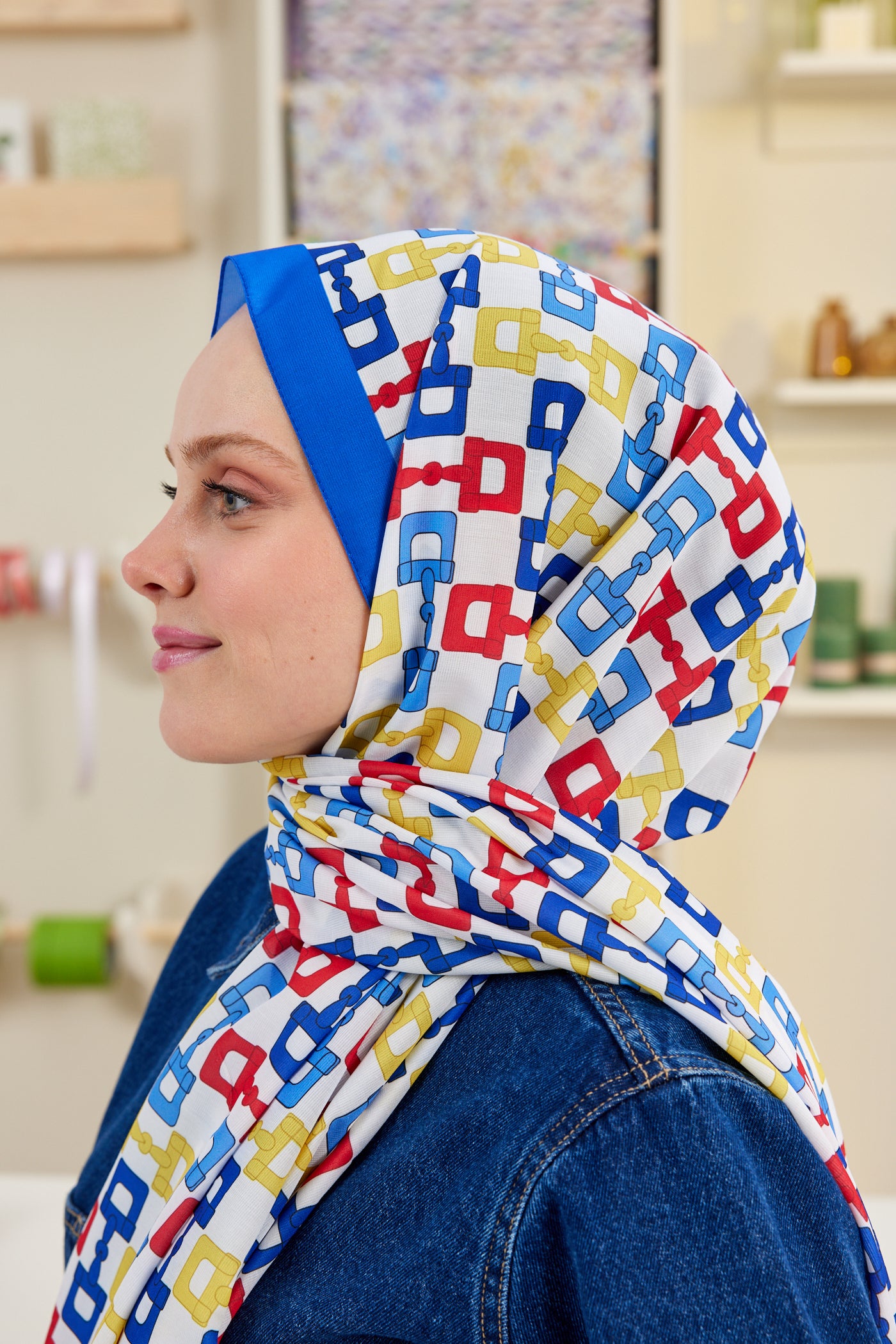 Tesettür Giyim - Pro Line Zincir Desen Şal - Saks - Kırmızı - Emproyal