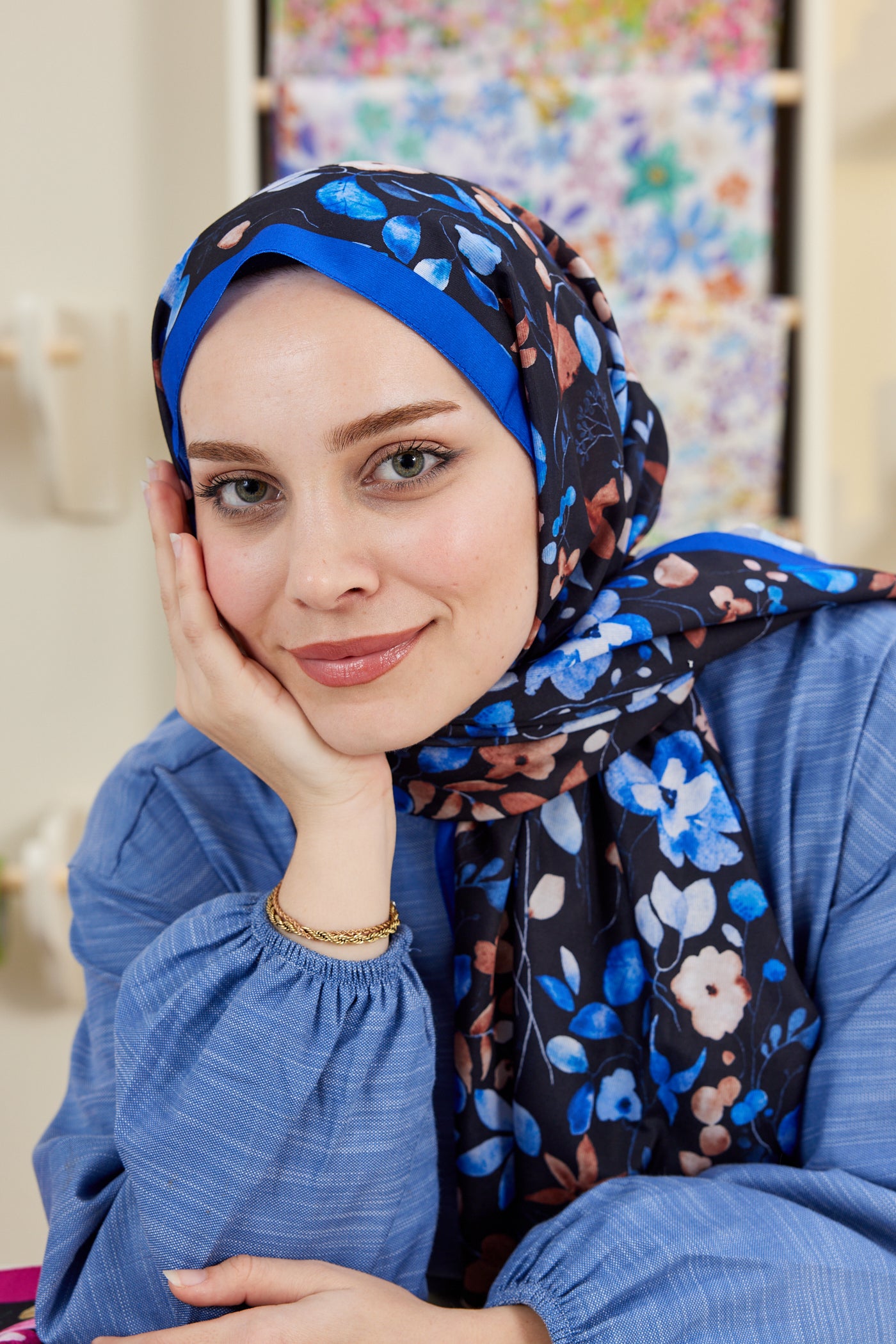 Tesettür Giyim - Pro Line Mimosa Desen Şal - Siyah - Saks - Emproyal