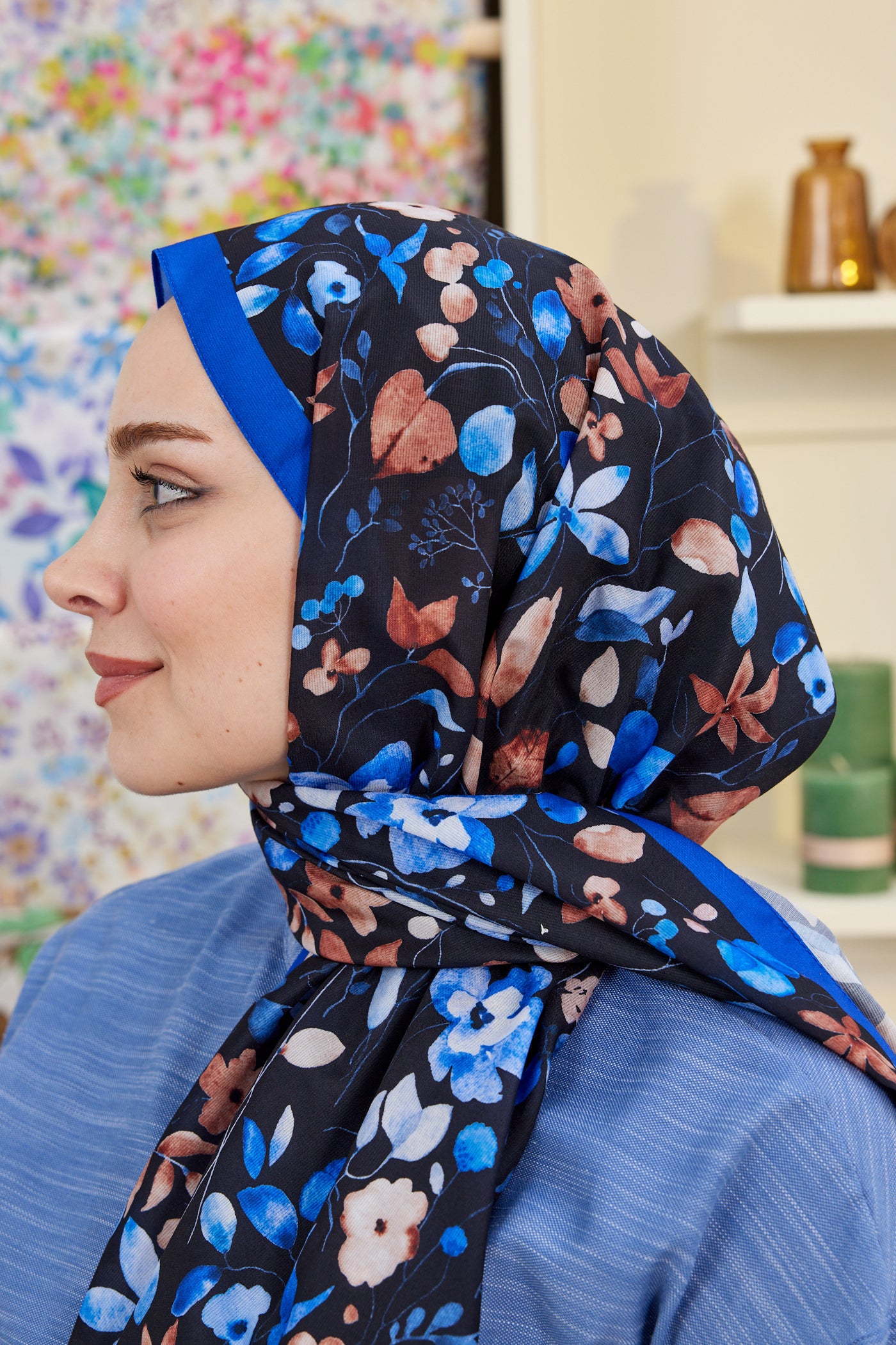 Tesettür Giyim - Pro Line Mimosa Desen Şal - Siyah - Saks - Emproyal