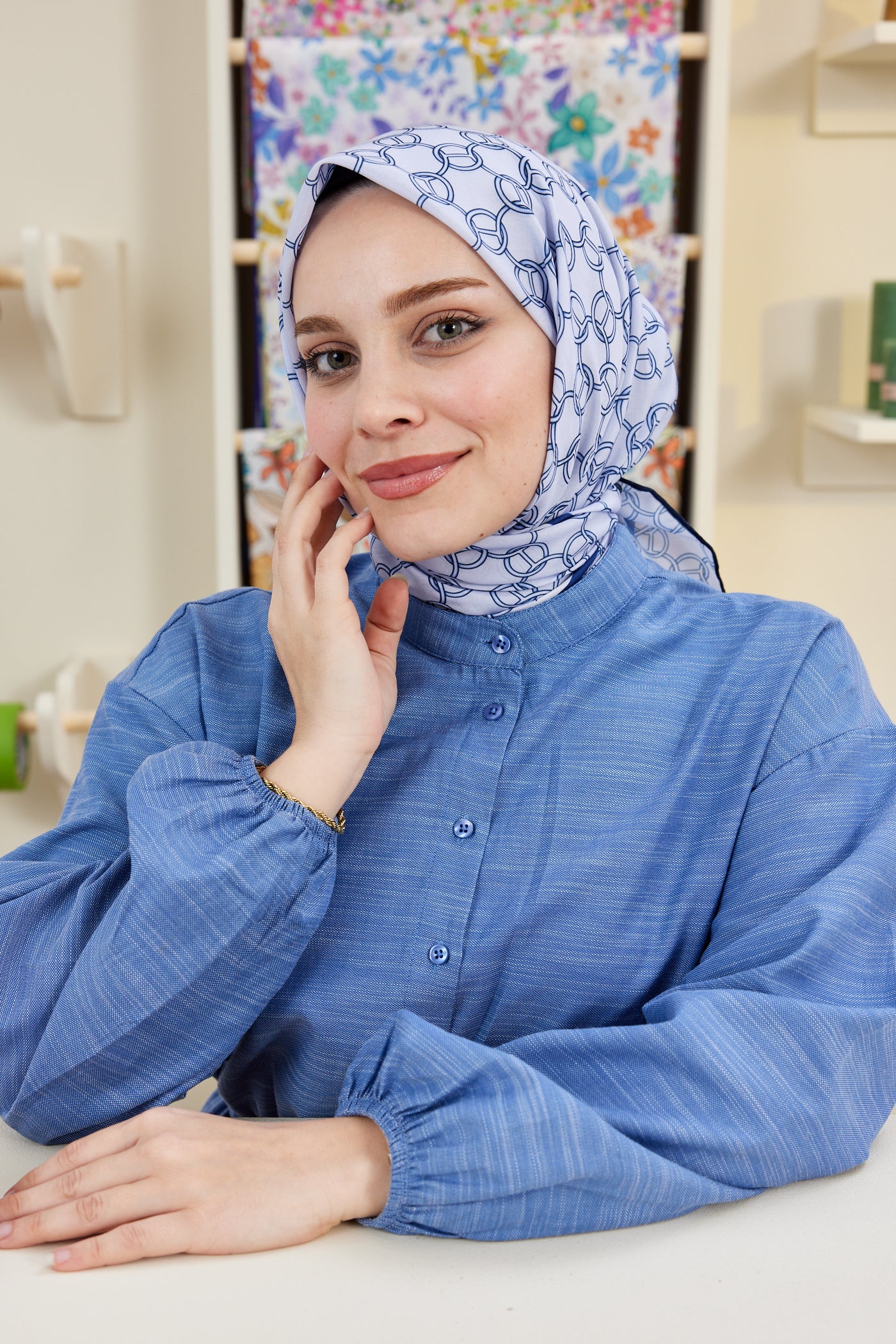 Tesettür Giyim - Pro Line Hera Desen Eşarp - Lacivert - Lila - Emproyal