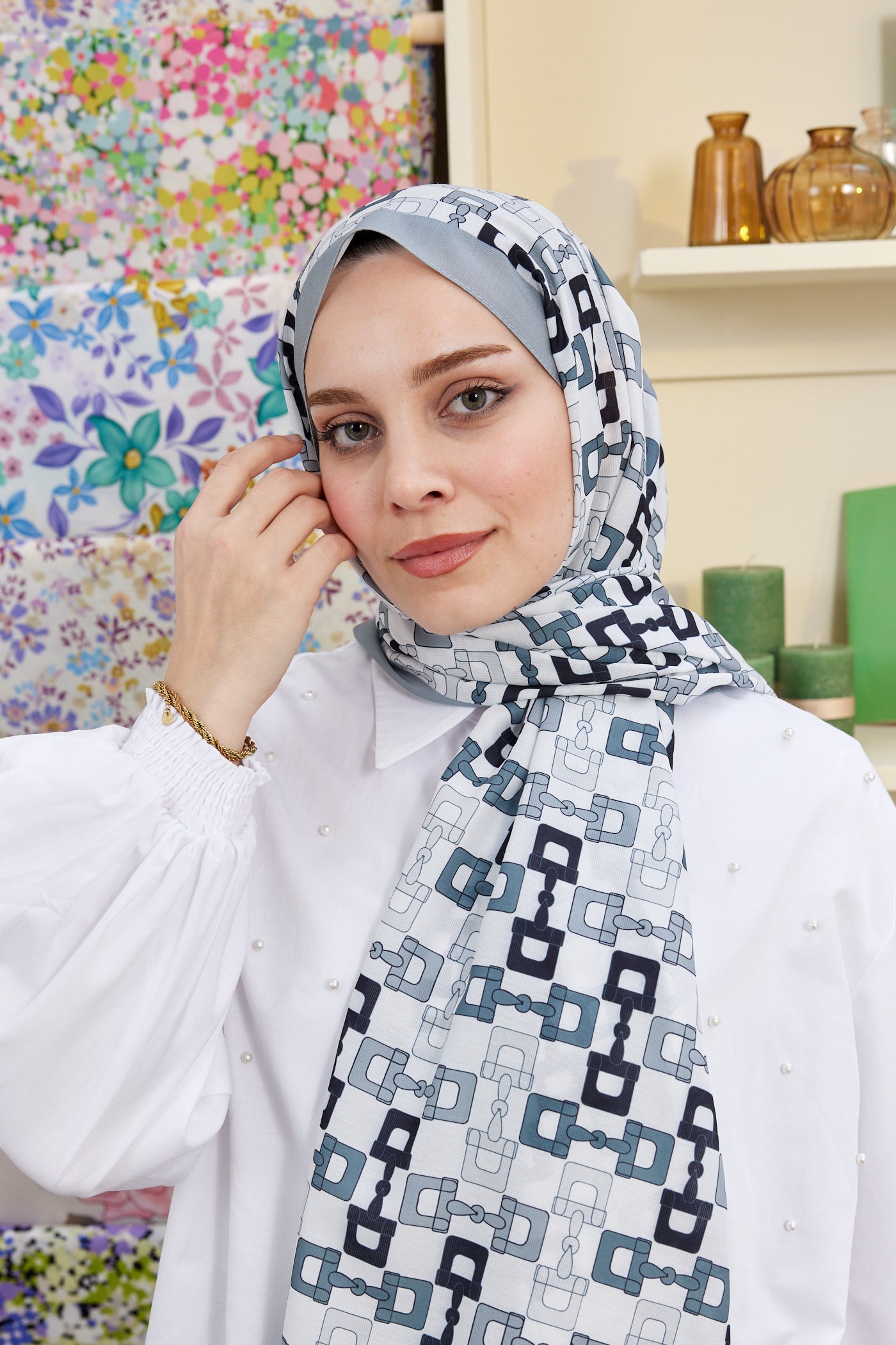 Tesettür Giyim - Pro Line Zincir Desen Şal - Gri - Antrasit - Emproyal