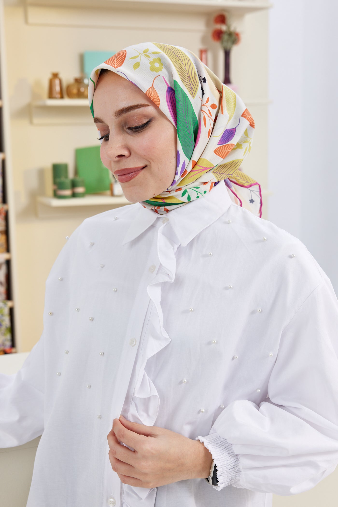 Tesettür Giyim - Pro Line Perla Desen Eşarp - Pembe - Turuncu - Emproyal