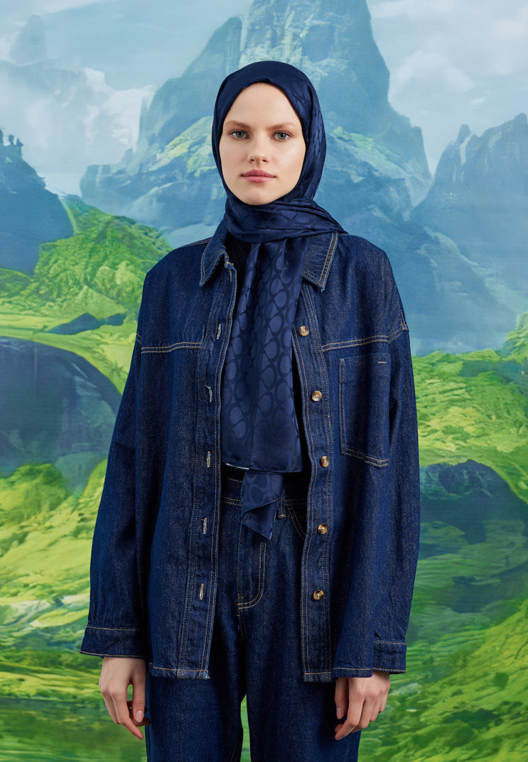 Tesettür Giyim - Jakar Janjan Bloom Desen Şal - Lacivert - Emproyal