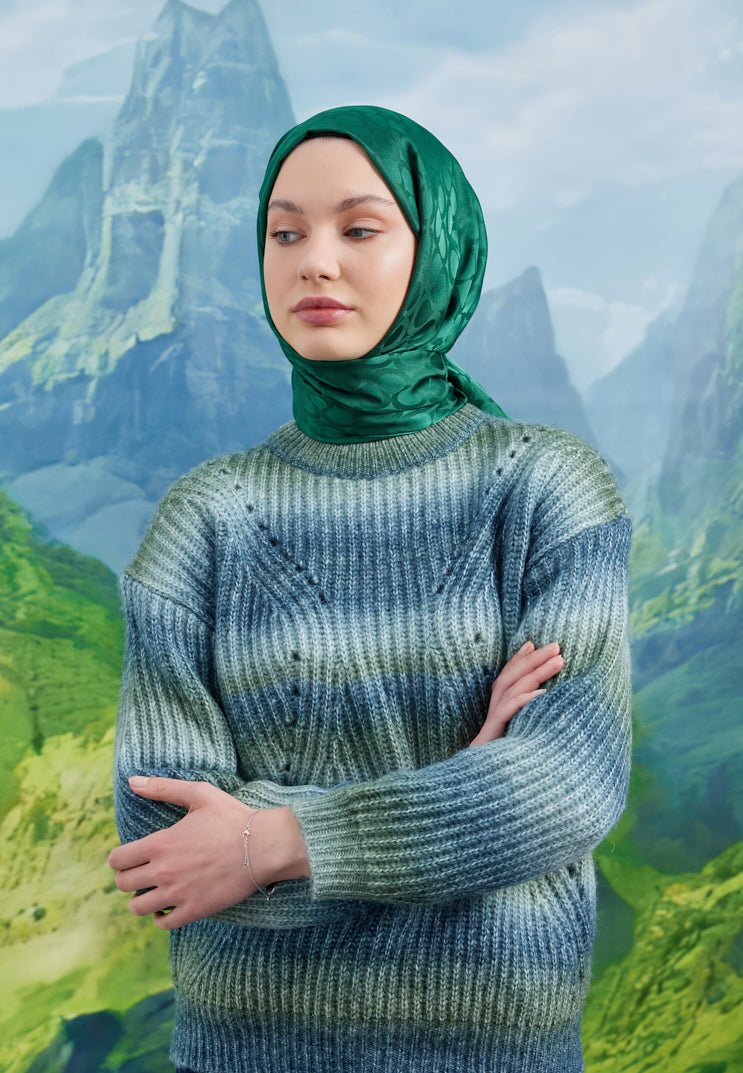 Tesettür Giyim - Jakar Janjan Bloom Desen Şal - Zümrüt - Emproyal