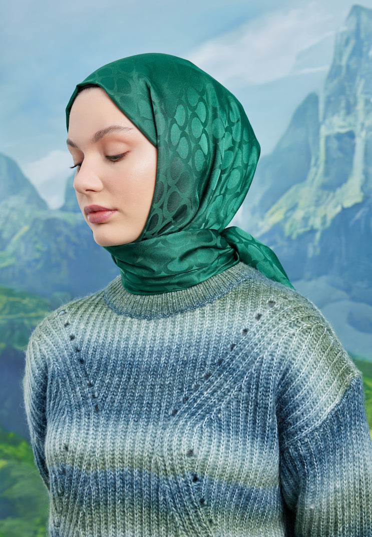 Tesettür Giyim - Jakar Janjan Bloom Desen Şal - Zümrüt - Emproyal