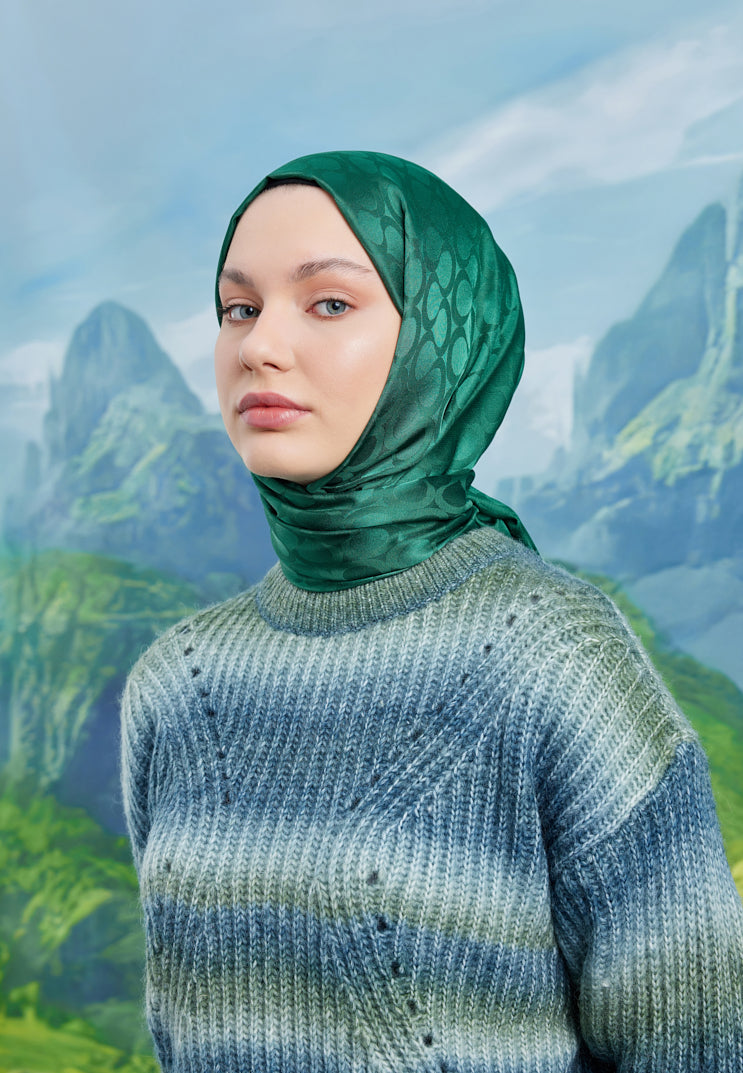 Tesettür Giyim - Jakar Janjan Bloom Desen Şal - Zümrüt - Emproyal