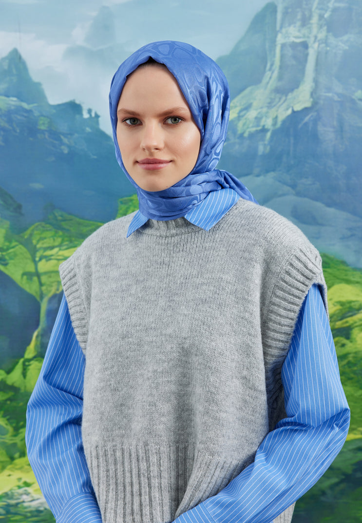 Tesettür Giyim - Jakar Janjan Taş Desen Şal - İndigo - Emproyal