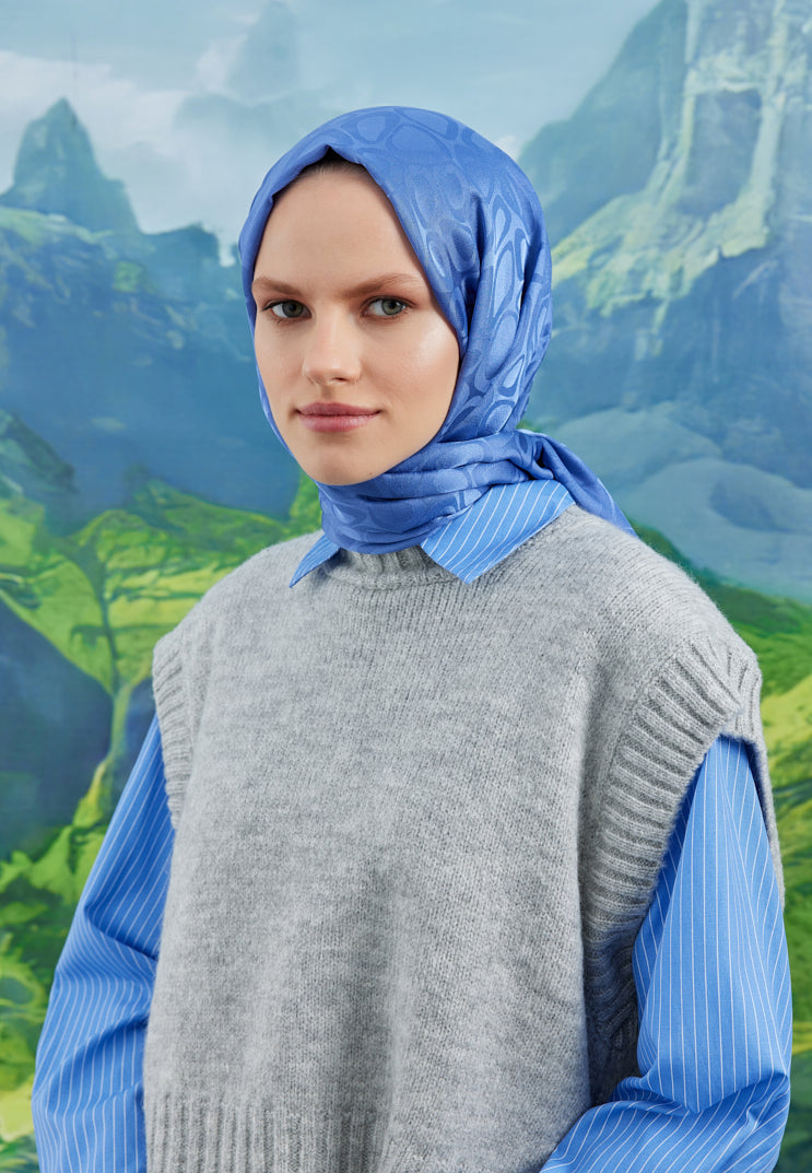 Tesettür Giyim - Jakar Janjan Taş Desen Şal - İndigo - Emproyal