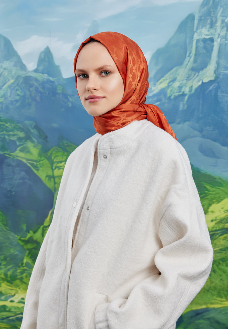 Tesettür Giyim - Jakar Janjan Bloom Desen Şal - Turuncu - Emproyal