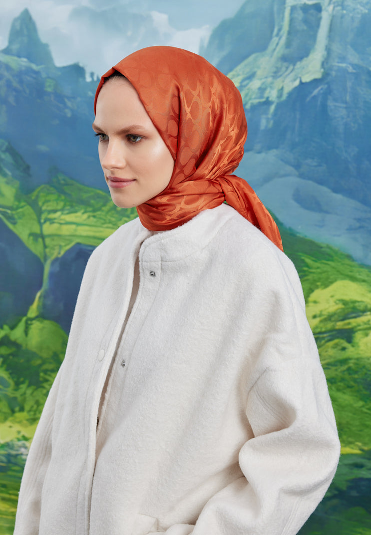 Tesettür Giyim - Jakar Janjan Bloom Desen Şal - Turuncu - Emproyal