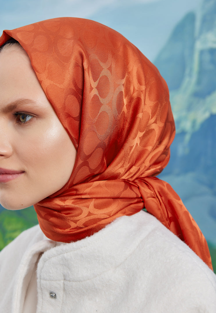 Tesettür Giyim - Jakar Janjan Bloom Desen Şal - Turuncu - Emproyal