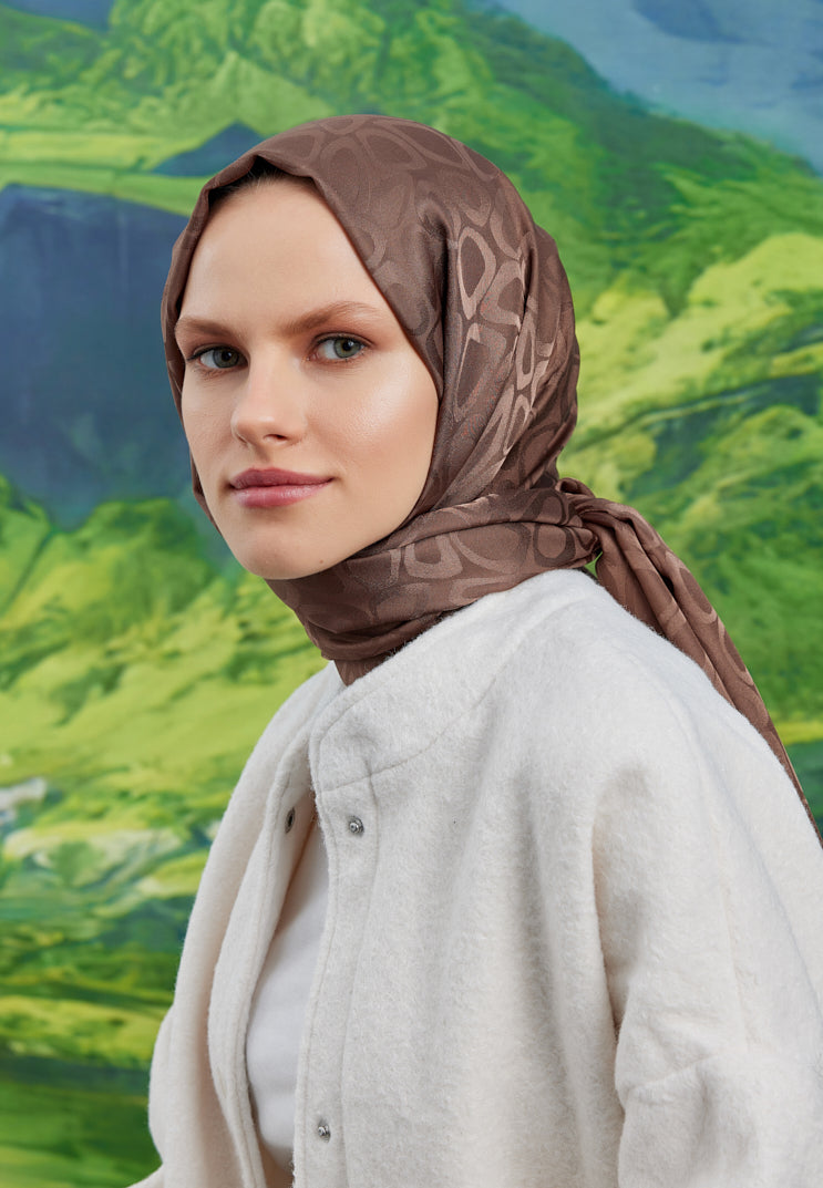 Tesettür Giyim - Jakar Janjan Taş Desen Sal - Kahverengi - Emproyal