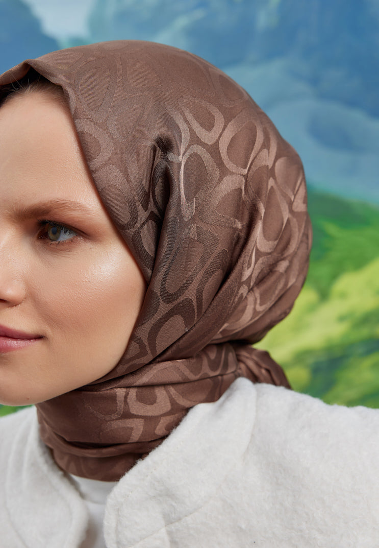 Tesettür Giyim - Jakar Janjan Taş Desen Sal - Kahverengi - Emproyal