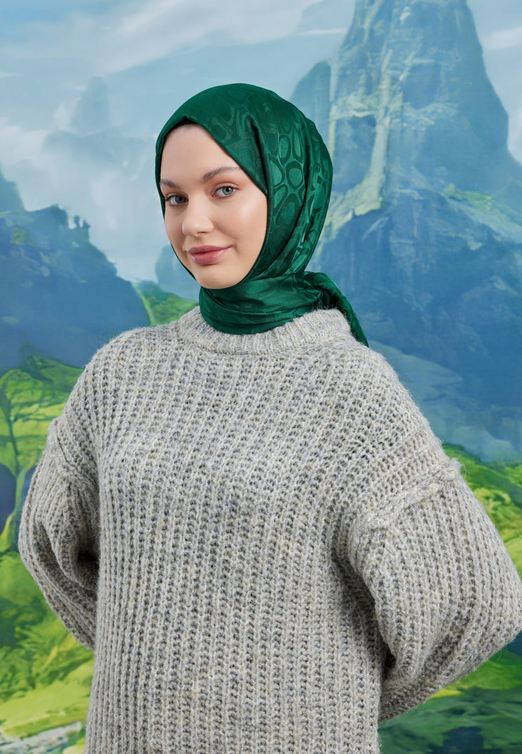 Tesettür Giyim - Jakar Janjan Taş Desen Şal - Zümrüt - Emproyal