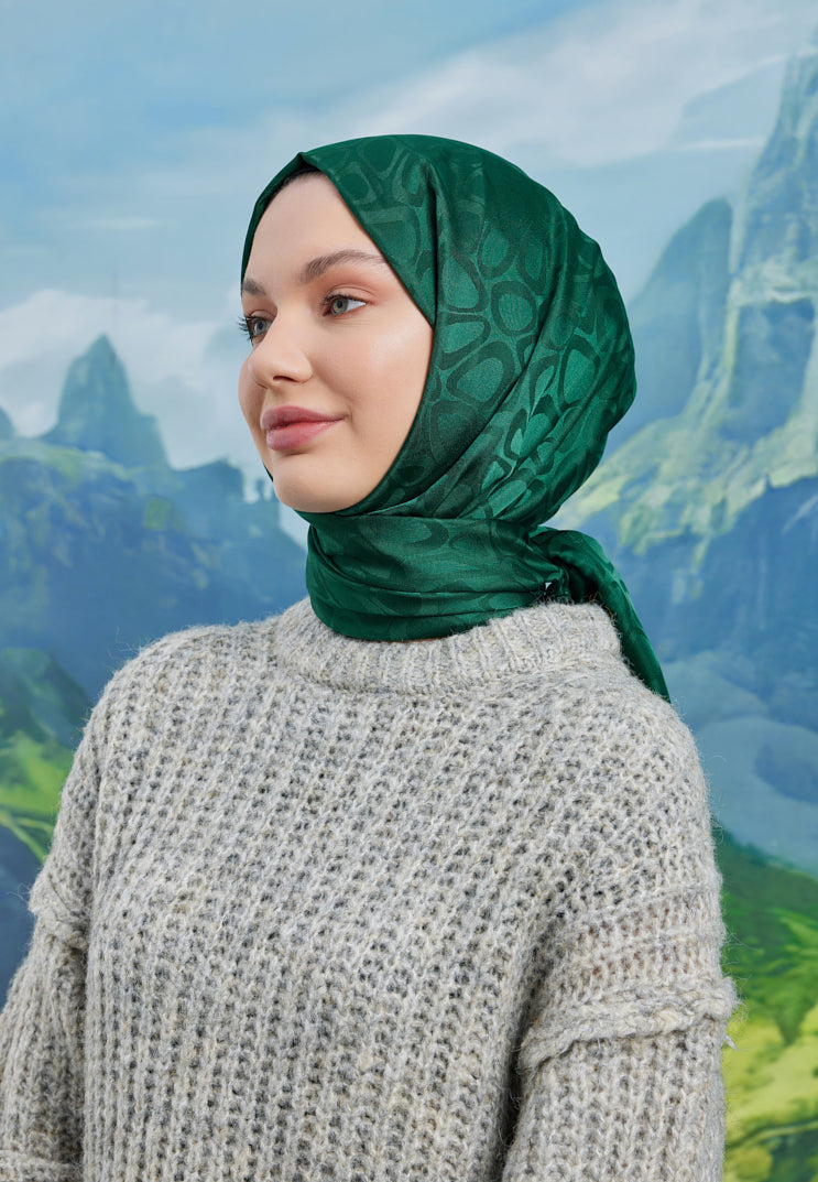 Tesettür Giyim - Jakar Janjan Taş Desen Şal - Zümrüt - Emproyal