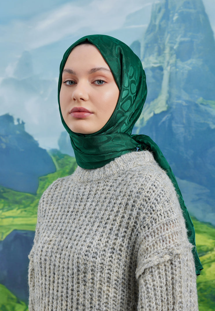 Tesettür Giyim - Jakar Janjan Taş Desen Şal - Zümrüt - Emproyal