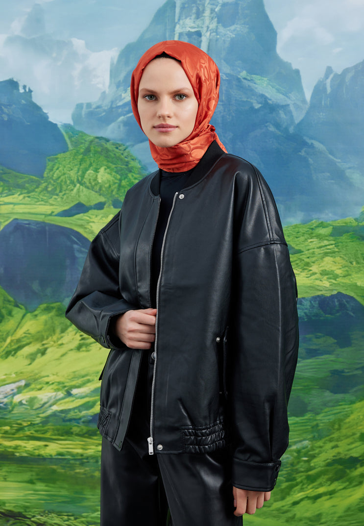 Tesettür Giyim - Jakar Janjan Taş Desen Şal - Turuncu - Emproyal