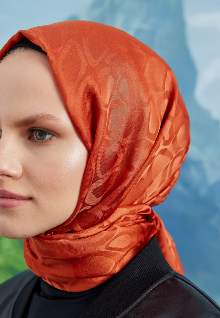 Tesettür Giyim - Jakar Janjan Taş Desen Şal - Turuncu - Emproyal