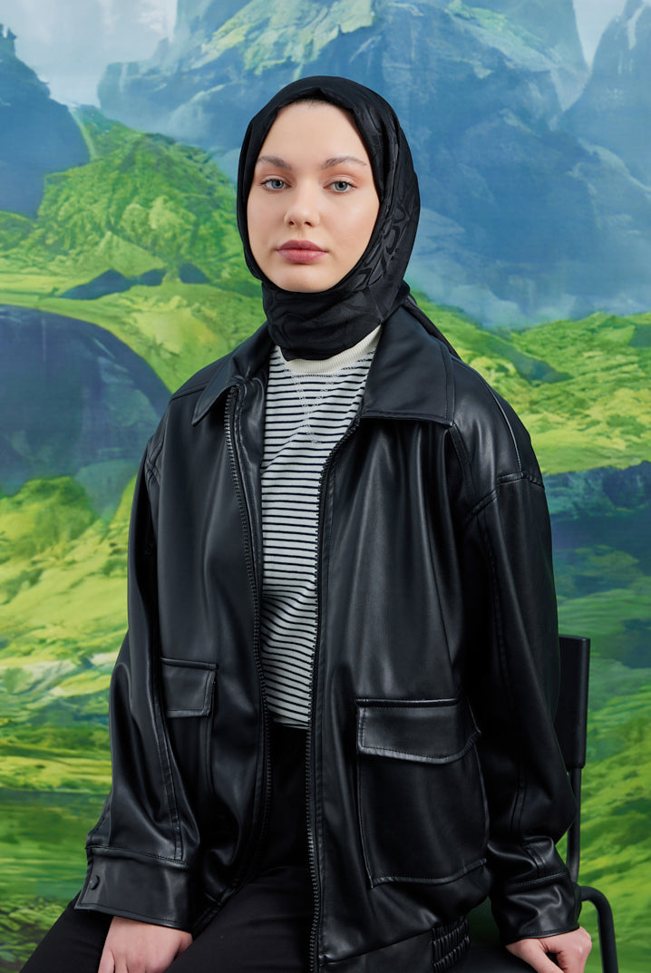 Tesettür Giyim - Jakar Janjan Taş Desen Şal - Siyah - Emproyal