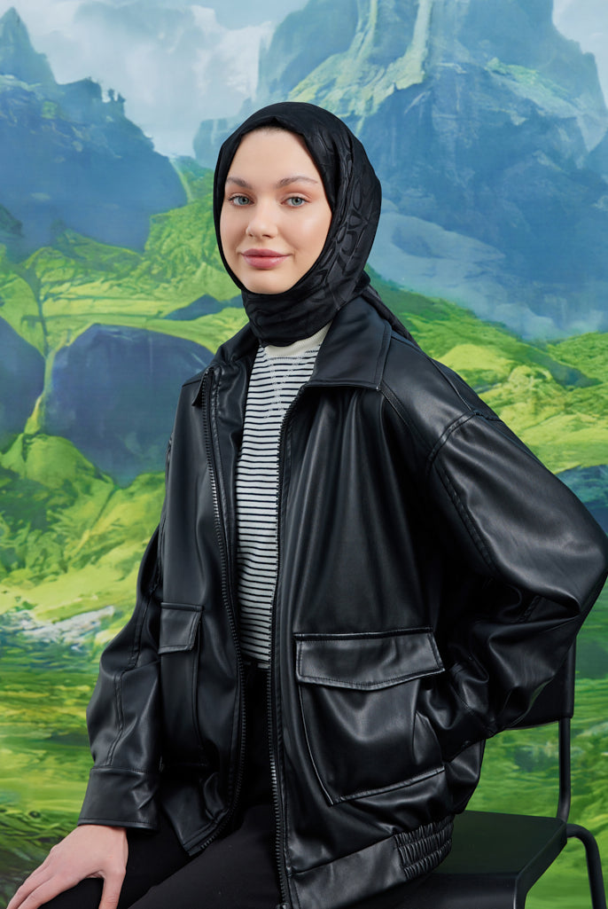 Tesettür Giyim - Jakar Janjan Taş Desen Şal - Siyah - Emproyal